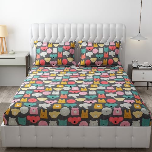 FRESH FROM LOOM Glace Cotton Wrinkle Free Soft Hypoallergenic Bed Sheet | Cartoon Printed Double Bedsheets King Size For Kids With 2 Pillow Cover (90X95 Inches/Black/Cartoon), 144 tc - Image 1