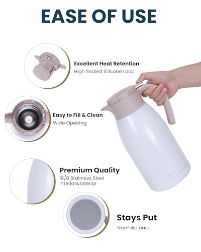 GiNT 1.9L / 64Oz Thermal Coffee Carafe, Insulated Stainless Steel Coffee Carafes for Keeping Hot/Double Walled Vacuum Thermal Carafe (White) - Image 3
