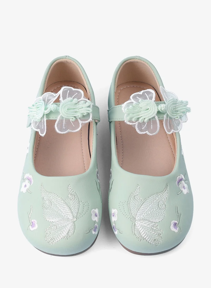 Mark & Mia Mark & Mia Butterfly & Floral Embroidery & Applique Detailed Velcro Closure Ballerina Shoes - Light Green