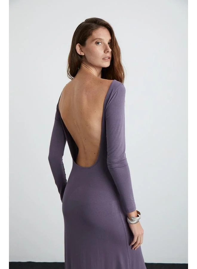 Ethiquet KRIZIA Women's Viscose elastane Back-Open Wide Maxi Plum Dress.