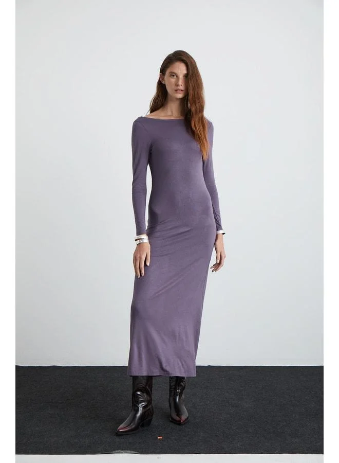 Ethiquet KRIZIA Women's Viscose elastane Back-Open Wide Maxi Plum Dress.