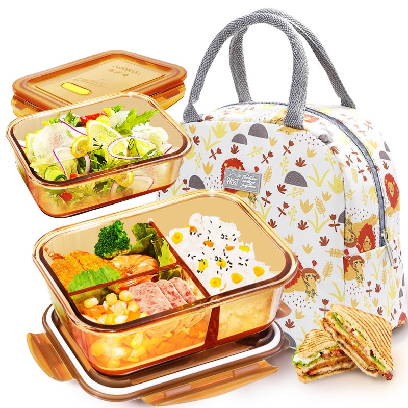 YumLock Amber Glass Bento Box Set مع حقيبة حاوية تخزين طعام محكمة الإغلاق لإعداد الوجبات فرن الميكروويف الآمن