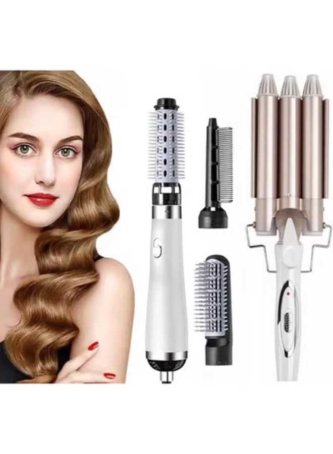 JAJEEK 2PCS Professional Hair Styling Set – Ceramic Triple Barrel Curling Iron & Hair Straightener Brush | Fast Heating, Adjustable Temperature, Anti-Frizz, Smooth & Wavy Styling Tool Set - Image 1