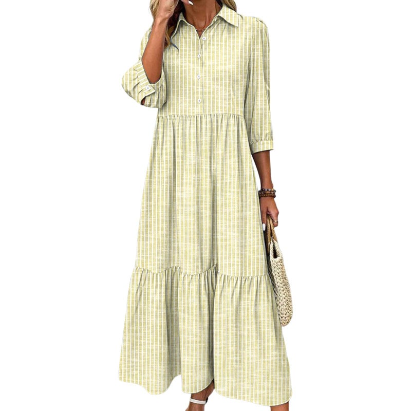 XNC Women's Striped Maxi Dresses 2026 Summer Fashion Collared Boho Dress Print 3/4 Sleeve Work Dress with Pockets - Image 1