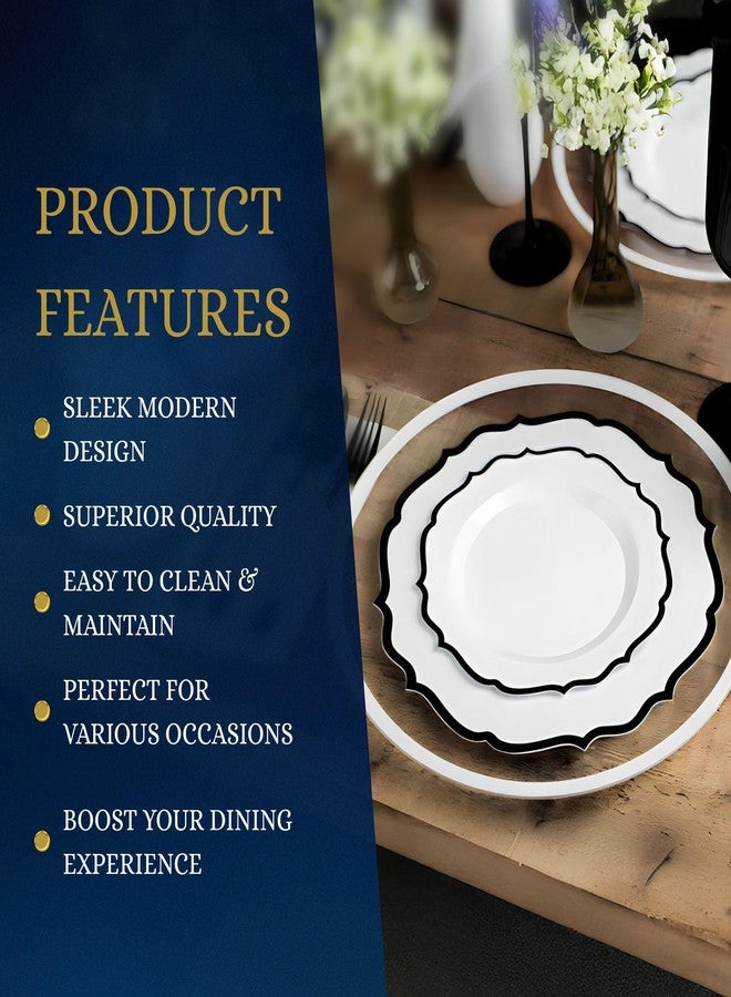 Bluesky Contemporary Collection Combo White Plates with Black Rim - 7.5" - 10.5" (Pack of 32) - Sleek Modern Design - Perfect for Entertaining & Everyday Use - Image 3