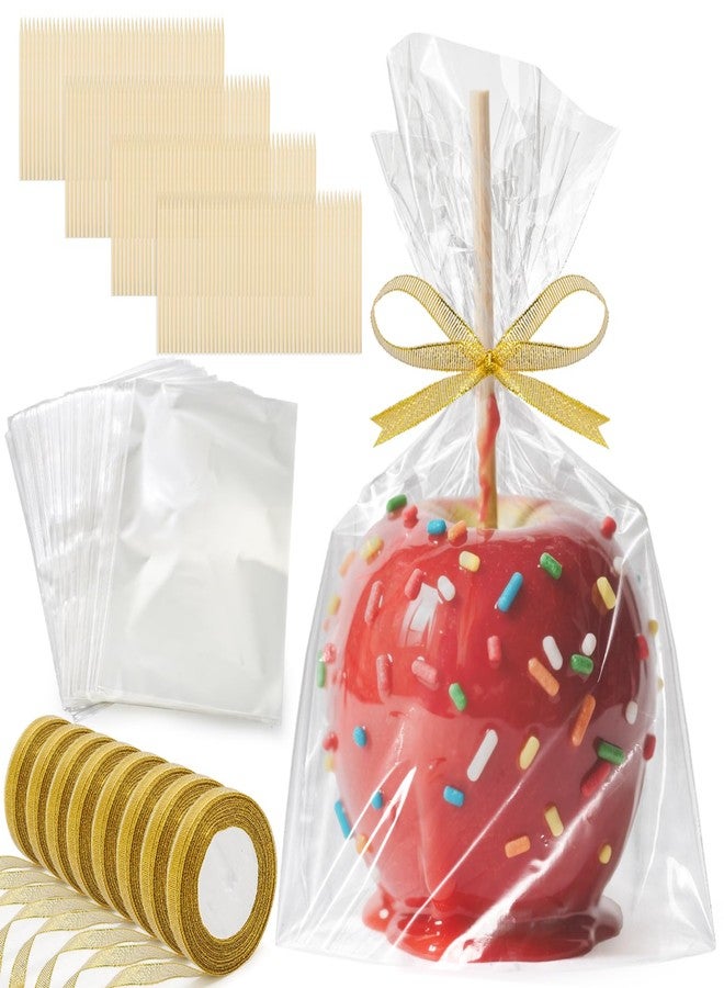 ZEAYEA 408 Pcs Candy Apple Sticks Bags, DIY Caramel Apple Kit Supplies for Halloween Birthday Party, 200 Bags, 200 Sticks and 8 Rolls Gold Glitter Ribbons for Fruit, Cookie, Gift Wrapping - Image 1