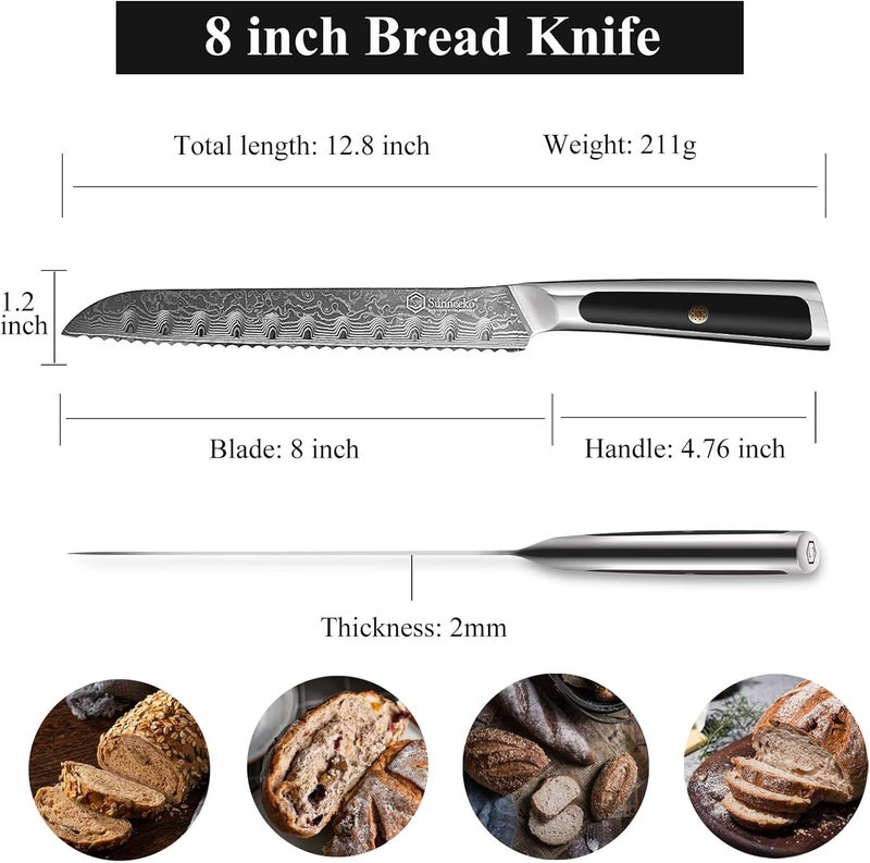 Sunnecko Bread Knife 8 inch, Serrated Bread Knife for Homemade Bread with 67-layers VG10 Damascus Steel Blade, Japanese Bread Knife with Solid Handle Bread Cutting Knife Bread Knives Cake Knife - Image 5