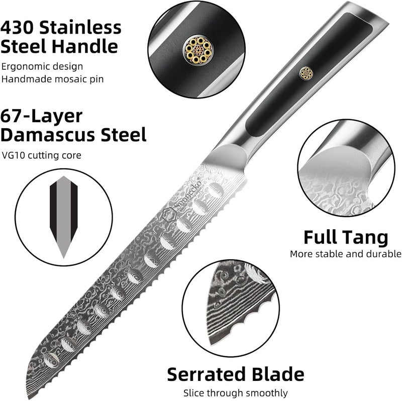 Sunnecko Bread Knife 8 inch, Serrated Bread Knife for Homemade Bread with 67-layers VG10 Damascus Steel Blade, Japanese Bread Knife with Solid Handle Bread Cutting Knife Bread Knives Cake Knife - Image 3