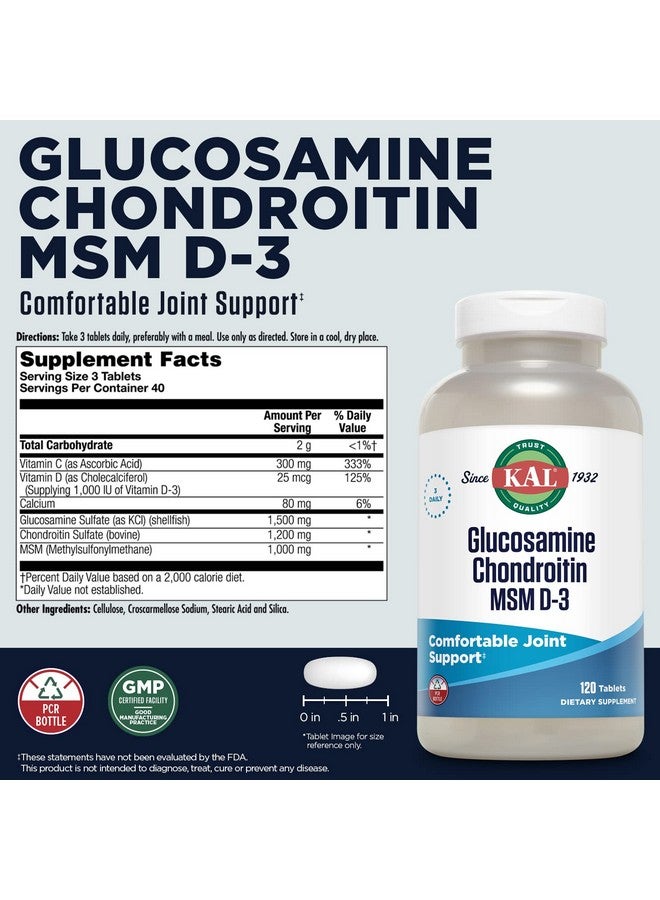 KAL Glucosamine Chondroitin MSM D-3, Joint Support Supplement, 1,500 mg of Glucosamine Sulfate, 1,200 mg of Chondroitin Sulfate, 1,000 mg of MSM, Plus Vitamin D3 & Vitamin C, 40 Servings, 120 Tablets - Image 2
