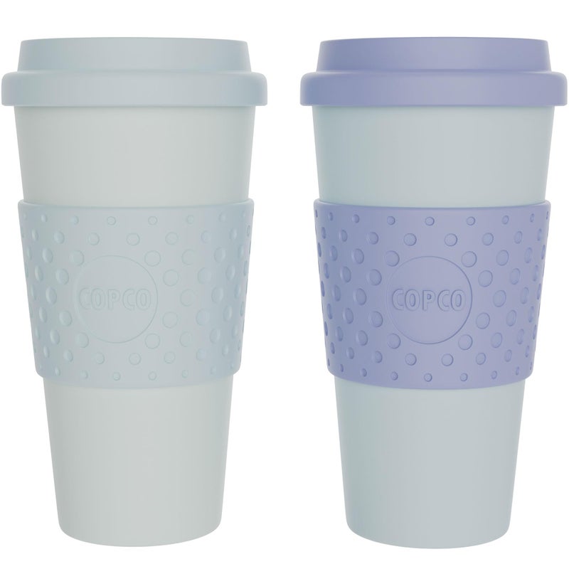 Copco Acadia 16oz Travel Mug with Lid, Set of 2 Double Wall Insulated Tumbler, Non-Slip Sleeve and BPA-Free - Microwave & Dishwasher Safe, Reusable Plastic To Go Travel Coffee Mug (Purple/Teal) - Image 1