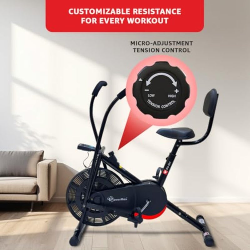Powermax Fitness BU-201 Dual Action Air Bike Exercise Bike With Back Support System for Home Workout Heavy-Duty Steel Frame Adjustable Resistance Seat 3 PCS Foam Handgrips - Image 4
