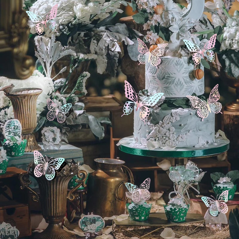 ساوروبيب Saoropeb 3d Butterfly Wall Decor 48 PCS 4 Styles 3 أحجام ليزر زخارف عيد ميلاد الفراشة الوردي الزخارف زخارف الكعك ديكورات القابلة للإزالة (اللون الوردي بالليزر) - Image 3