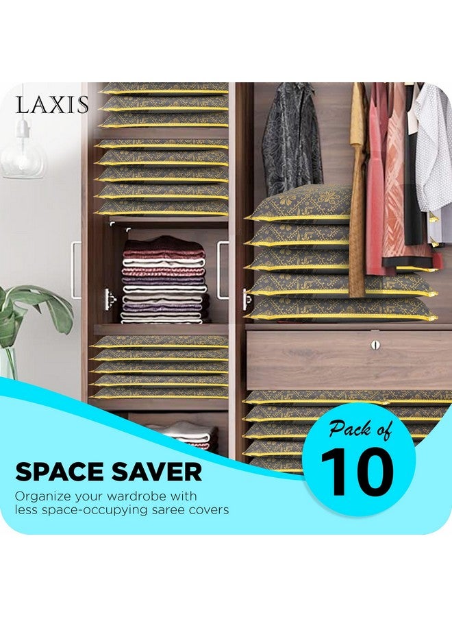 LAXIS HOMFIL Brand Non-Woven Single Saree Bags Transparent Saree Covers with Zip, Saree Covers for Storage, Wardrobe Organizer Saree Bags Size-36x42x2 CM (Golden Black, Pack of 10) - Image 2