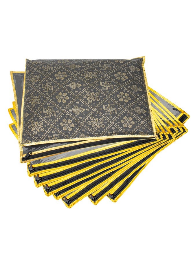 LAXIS HOMFIL Brand Non-Woven Single Saree Bags Transparent Saree Covers with Zip, Saree Covers for Storage, Wardrobe Organizer Saree Bags Size-36x42x2 CM (Golden Black, Pack of 10) - Image 1