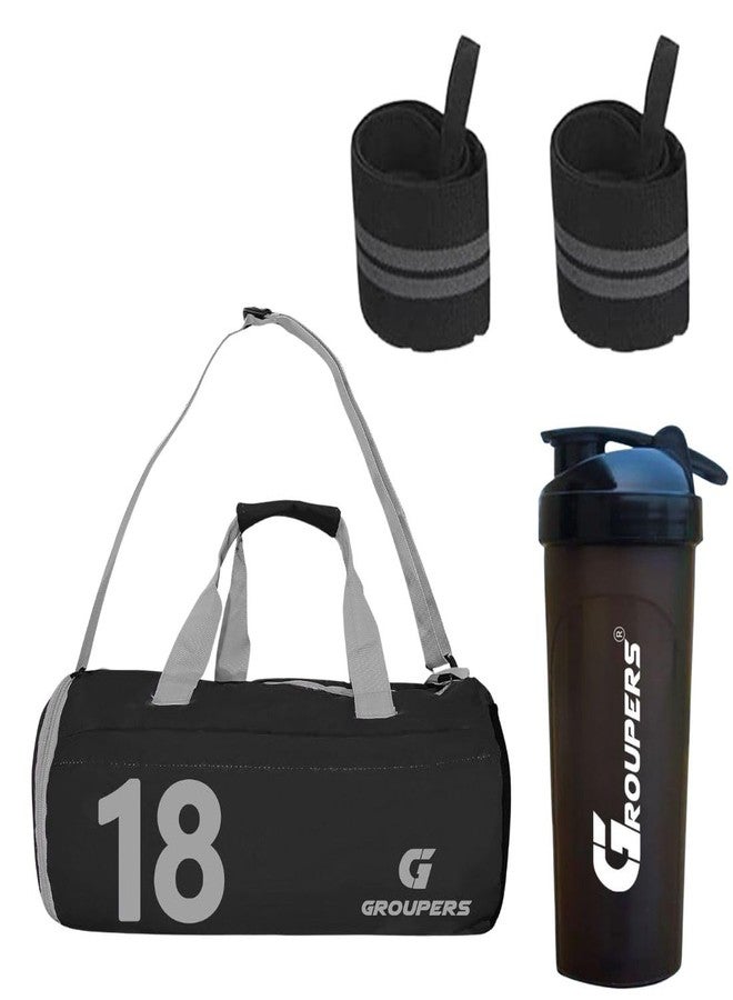 Groupers 20-25L Foldable Gym & Travel Bag with Shoe Compartment + 700ml Protein Shaker + 21'' Wrist Wraps - Reinforced, Weatherproof Workout & Fitness Combo - Black - Image 1