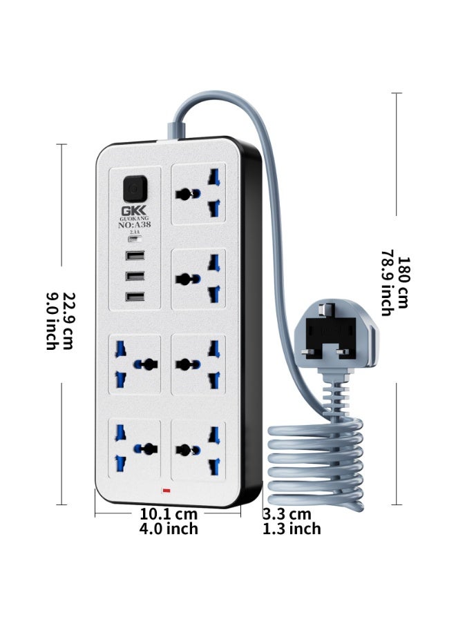 LOKIPA Electrical Extension Strip with 6 Outlets, 3 USB Ports & 1 Type-C Port, 2500W/10A, 2m Heavy-Duty Extension Cord, Surge Protection, Child Safety, Illuminated Switch, White - Image 3