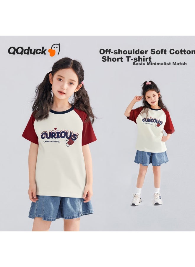 QQ DUCK ملابس أطفال كيو كيو دك، تي شيرت صيفي قصير الأكمام للفتيات، قمة شبابية بإحساس بارد، قصير الأكمام بلون أبيض مائل إلى الرمادي؛ 140 - Image 1