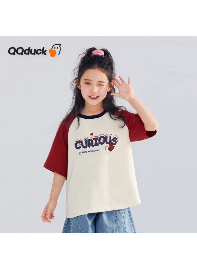 QQ DUCK ملابس أطفال كيو كيو دك، تي شيرت صيفي قصير الأكمام للفتيات، قمة شبابية بإحساس بارد، قصير الأكمام بلون أبيض مائل إلى الرمادي؛ 140 - Image 2