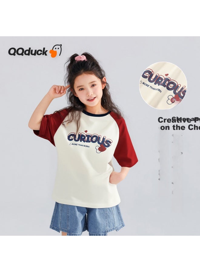 QQ DUCK ملابس أطفال كيو كيو دك، تي شيرت صيفي قصير الأكمام للفتيات، قمة شبابية بإحساس بارد، قصير الأكمام بلون أبيض مائل إلى الرمادي؛ 140 - Image 3