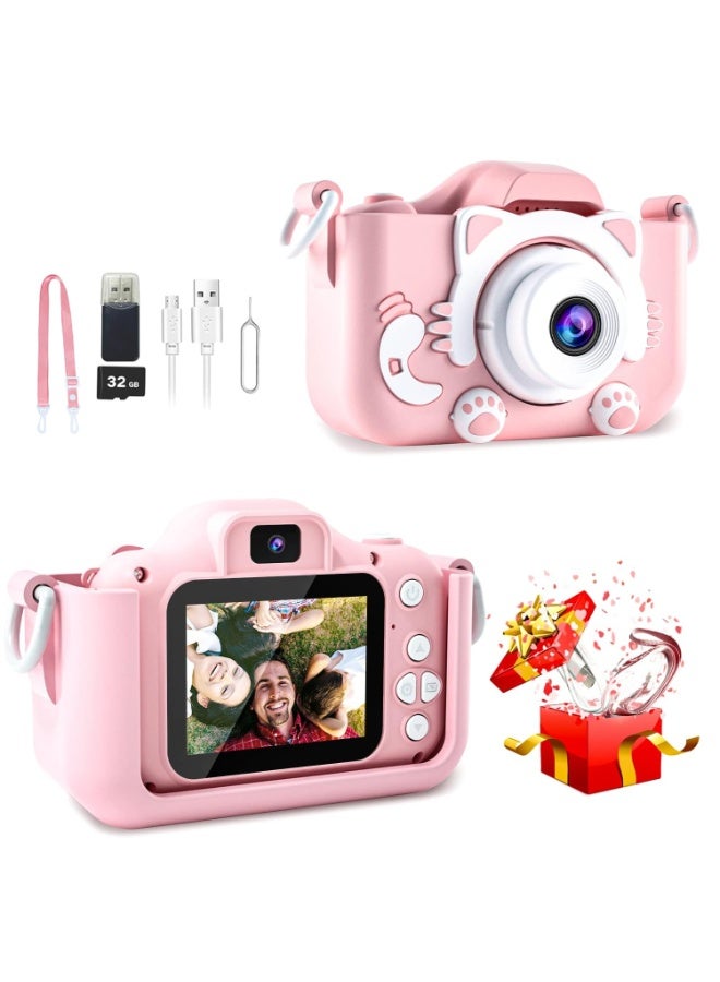 Yakiter Kids Camera Gifts for 3-8 Year Old Boys Girls,Mini Rechargeable Child 2 Lens Selfie Camera Shockproof Video Camcorder Gifts for,8 MP photo and 1080P video 2 Inch Screenfor Outdoor Play(32GB TF card and Card Readers),Pink - Image 1