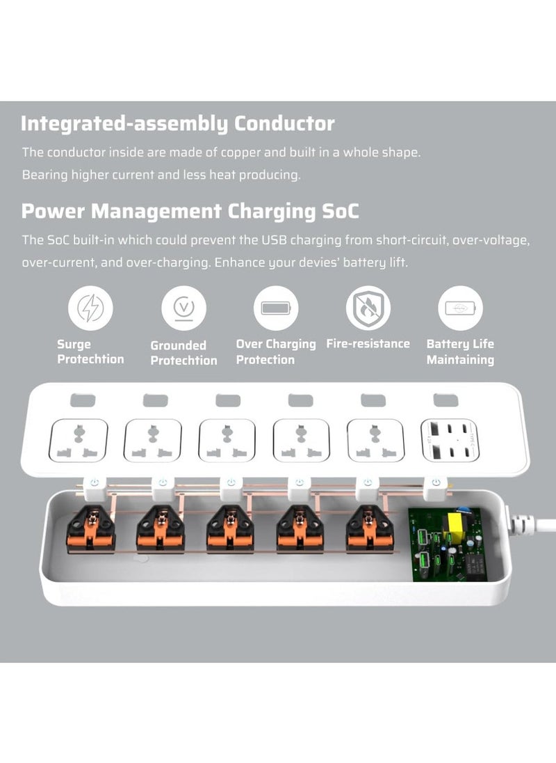 Anmi 3M Extension Cord Universal Power Strips 5 AC/ 2 USB A/4 USB C Power strip 6 individual switches Surge Protection For Home office White  - Image 3