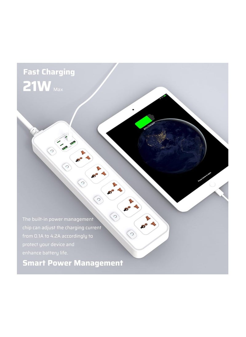 Anmi 3M Extension Cord Universal Power Strips 5 AC/ 2 USB A/4 USB C Power strip 6 individual switches Surge Protection For Home office White  - Image 5