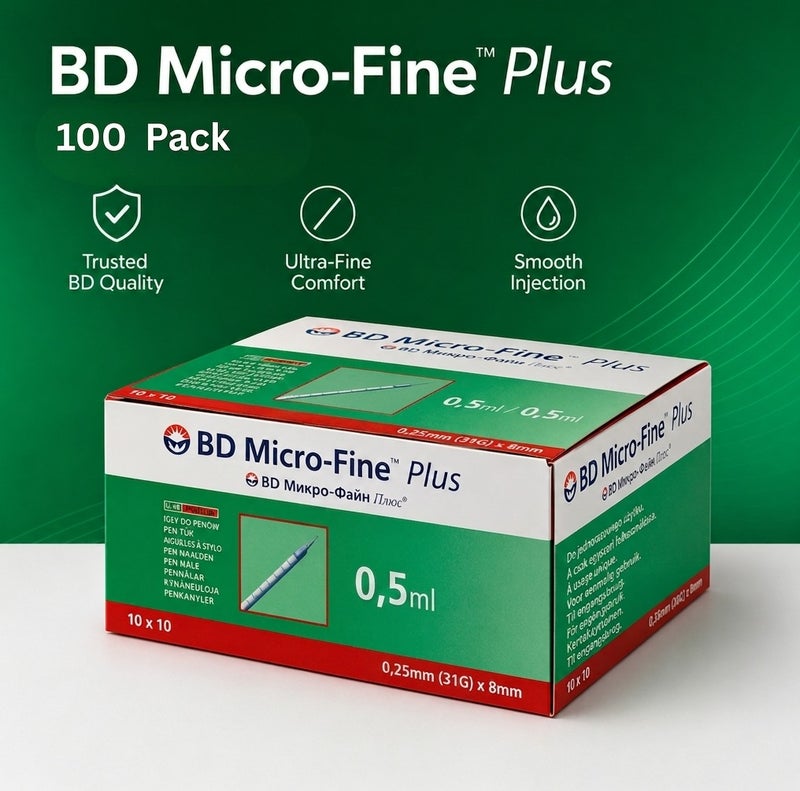 محاقن إنسولين BD Micro-Fine Plus سعة 0.5 مل، 31G × 8 مم، 100 قطعة