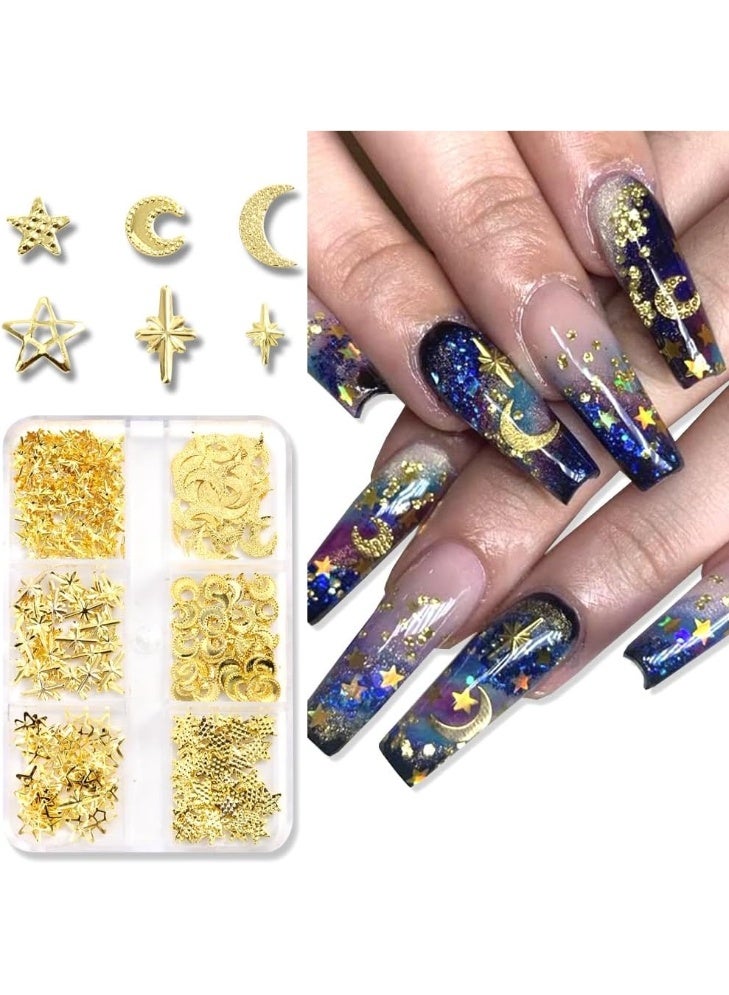 3D Alloy Nail Art Studs Nail Charms, Mixed Styles Gold Star Moon Hollow Star Metallic Nail Rivets Jewelry for Acrylic Nail Supplies DIY Crafts Manicure Decoration Accessories - Image 1