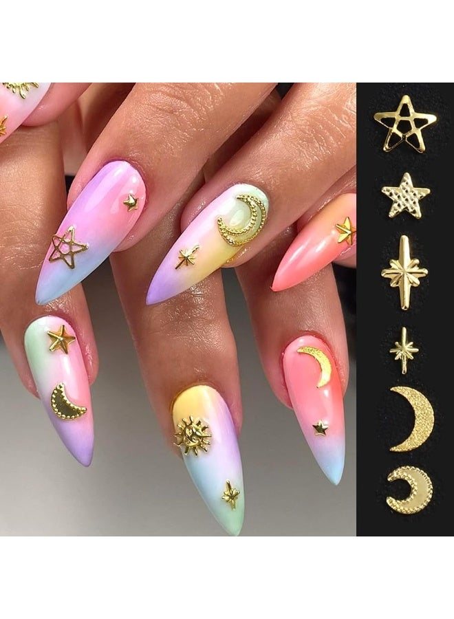 3D Alloy Nail Art Studs Nail Charms, Mixed Styles Gold Star Moon Hollow Star Metallic Nail Rivets Jewelry for Acrylic Nail Supplies DIY Crafts Manicure Decoration Accessories - Image 2