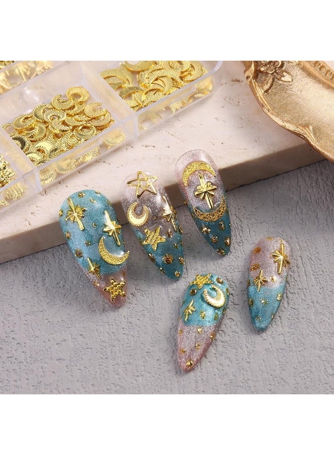 3D Alloy Nail Art Studs Nail Charms, Mixed Styles Gold Star Moon Hollow Star Metallic Nail Rivets Jewelry for Acrylic Nail Supplies DIY Crafts Manicure Decoration Accessories - Image 4