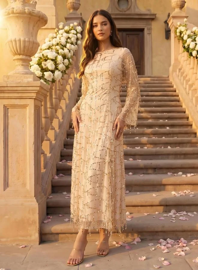 Styli champagne Beige Sequin Maxi Dress with Long Sleeves for Women | Best Price UAE