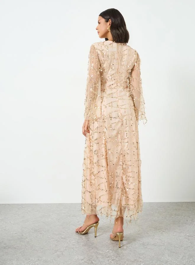 Styli champagne Beige Sequin Maxi Dress with Long Sleeves for Women | Best Price UAE