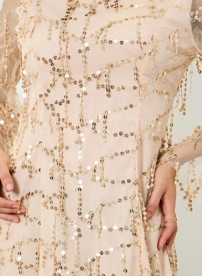Styli champagne Beige Sequin Maxi Dress with Long Sleeves for Women | Best Price UAE