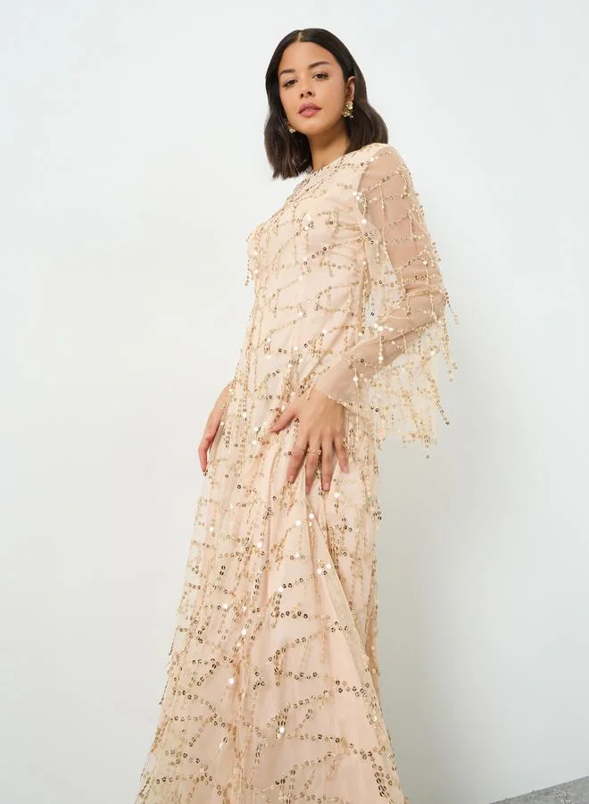 Styli Beige Sequin Maxi Dress with Long Sleeves