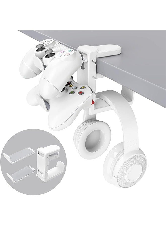 Hihonor 3-in-1 PC Gaming Headset Controller Holder - Headphone Stand /Adjustable Clamp 2 Controller Holder Rotating Arm Cable Organizer, Universal PC Gaming Accessory Controller Headset Stand-White  - Image 1