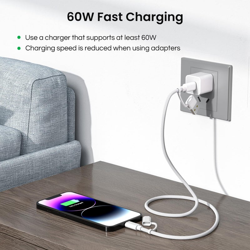 Basesailor for iPhone 17 Air 16 Charging Cable,4 in 1 USB C Cable 3.3ft,iPad 8th 9th Mini 7th Air 5th Pro 10th Generation Charger,60W Fast Charging Multi Charger Cord with USB Converter/iOS/Type C,S25 - Image 4