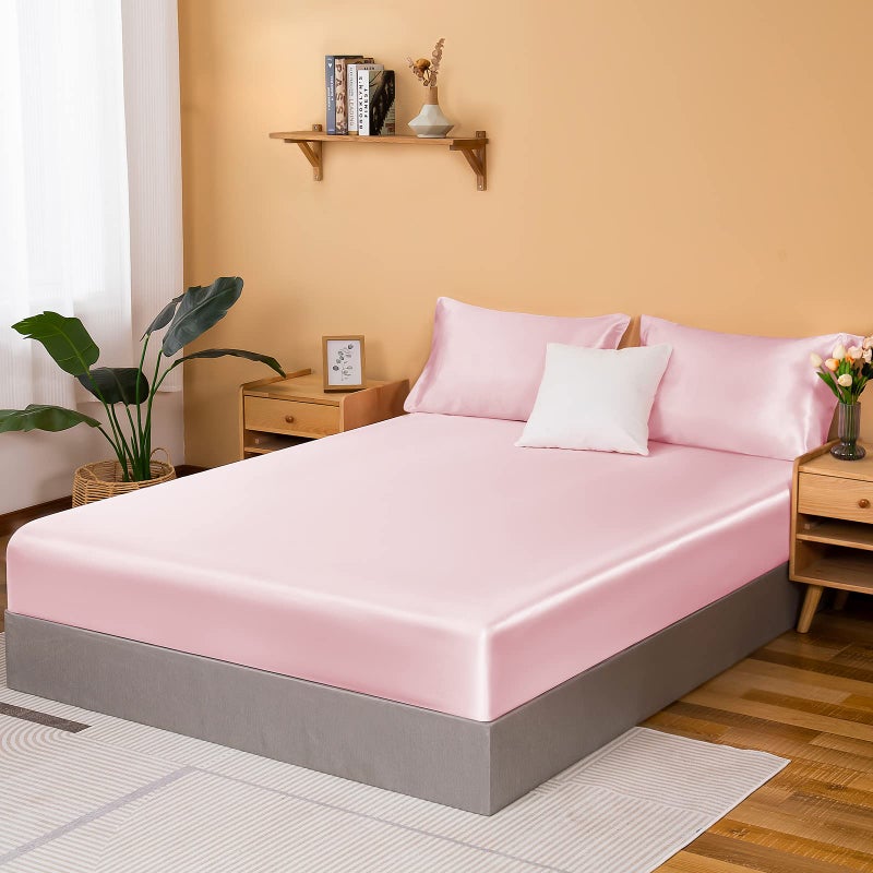 NSGZ Pink Satin Fitted Sheet Only, Silky Full Fitted Bed Sheet Soft Deep Pocket Single Bottom Bed Sheets, Wrinkle Free & Fade Resistant & Breathable Bedding Fitted Sheet Sold Separately - Image 1