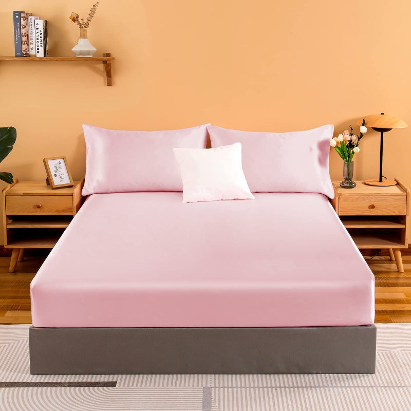 NSGZ Pink Satin Fitted Sheet Only, Silky Full Fitted Bed Sheet Soft Deep Pocket Single Bottom Bed Sheets, Wrinkle Free & Fade Resistant & Breathable Bedding Fitted Sheet Sold Separately - Image 2