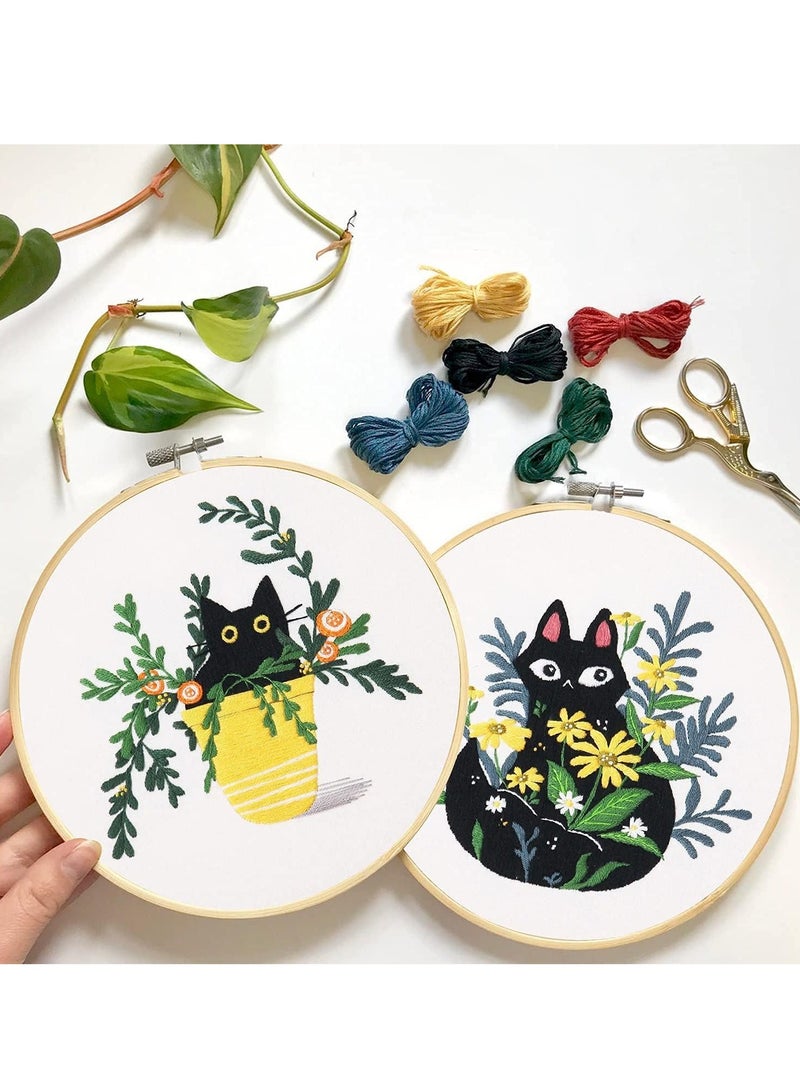 SYOSI 4 Pack Embroidery kit with Patterns and Instructions for Beginners Cross Stitch Kits Adults, Clothes Plant Cat Pattern, 2 Hoops, Color Threads Scissor - Image 2
