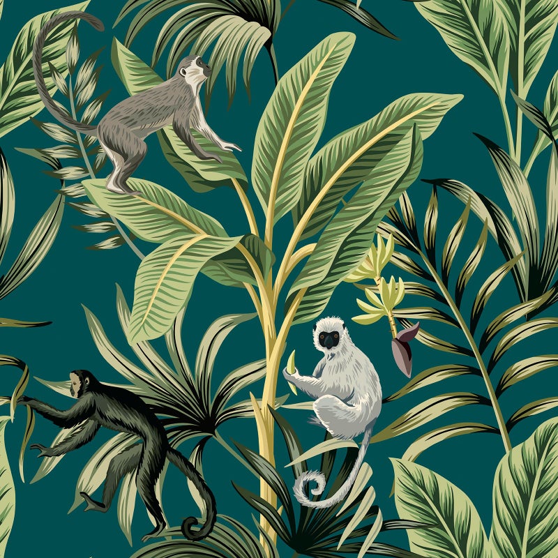 VaryStyle Tropical Palm Tree Wallpaper Teal Green Jungle Peel and Stick Wallpaper Exotic Monkey Banana Leaf Wallpaper Murals Removable Vinyl Teal Contact Paper for Walls Cabinets Bedroom 17.7"x118" - Image 1