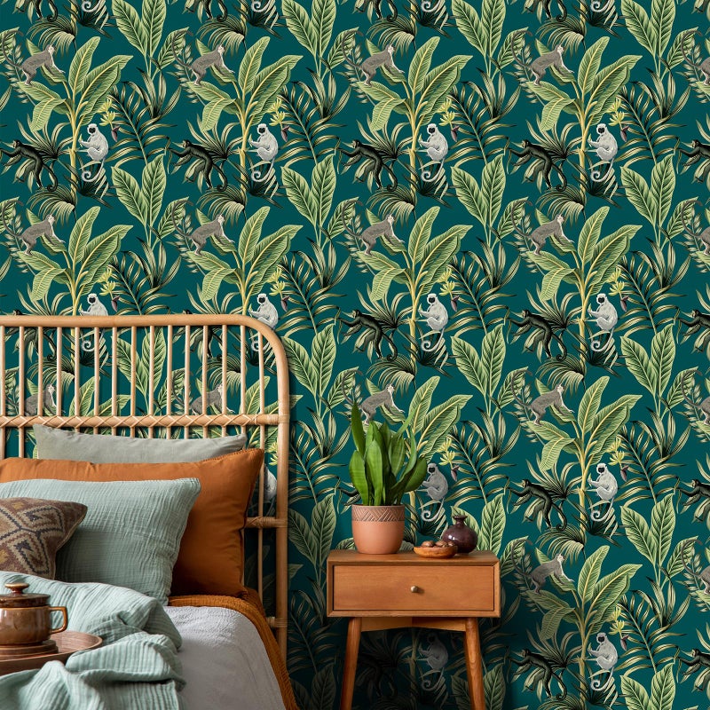 VaryStyle Tropical Palm Tree Wallpaper Teal Green Jungle Peel and Stick Wallpaper Exotic Monkey Banana Leaf Wallpaper Murals Removable Vinyl Teal Contact Paper for Walls Cabinets Bedroom 17.7"x118" - Image 5