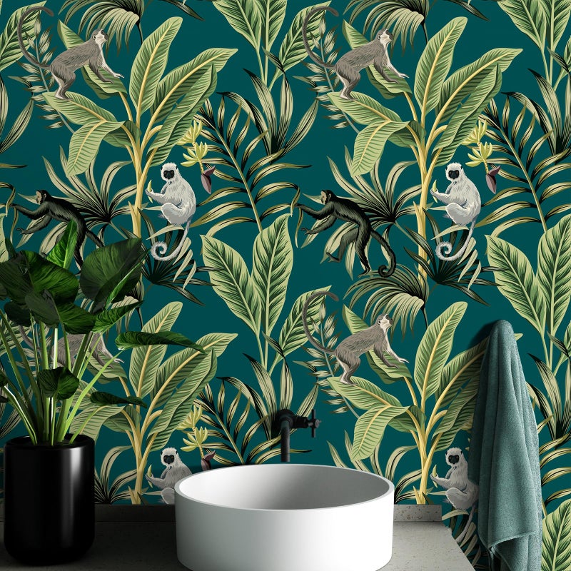 VaryStyle Tropical Palm Tree Wallpaper Teal Green Jungle Peel and Stick Wallpaper Exotic Monkey Banana Leaf Wallpaper Murals Removable Vinyl Teal Contact Paper for Walls Cabinets Bedroom 17.7"x118" - Image 4