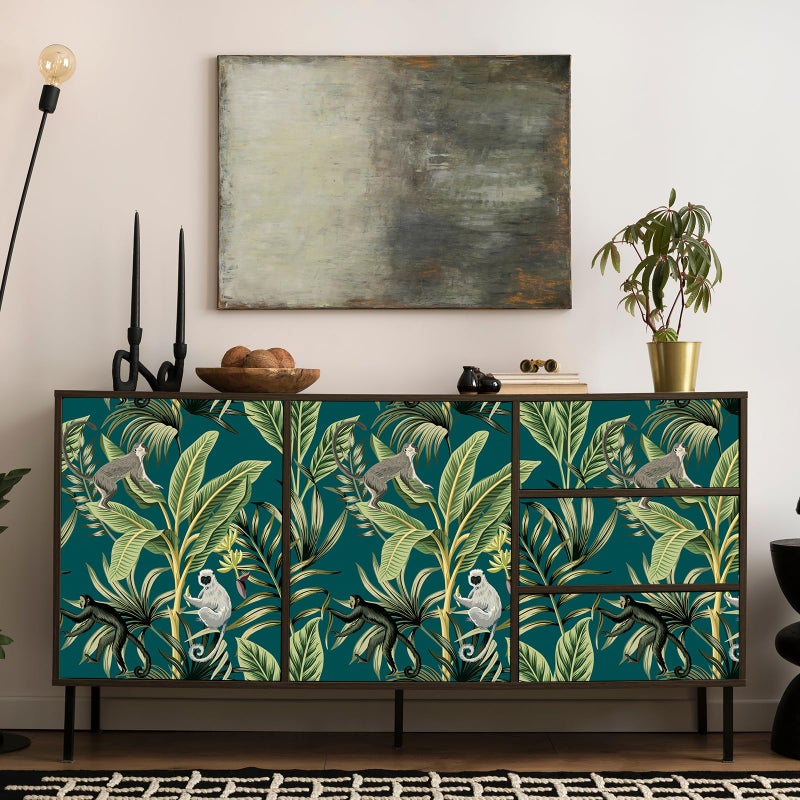 VaryStyle Tropical Palm Tree Wallpaper Teal Green Jungle Peel and Stick Wallpaper Exotic Monkey Banana Leaf Wallpaper Murals Removable Vinyl Teal Contact Paper for Walls Cabinets Bedroom 17.7"x118" - Image 3