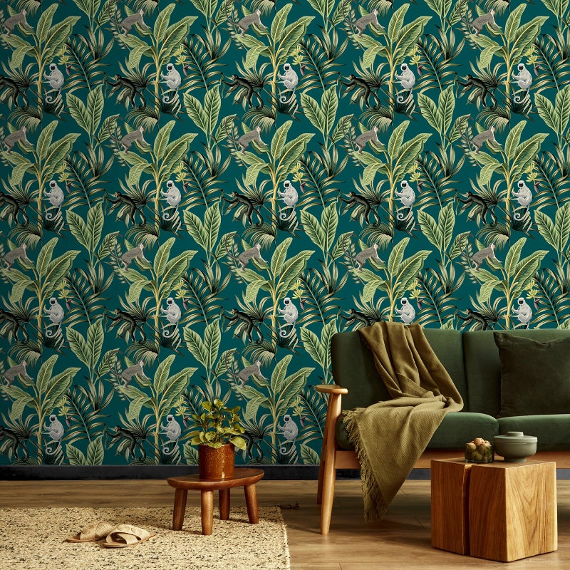 VaryStyle Tropical Palm Tree Wallpaper Teal Green Jungle Peel and Stick Wallpaper Exotic Monkey Banana Leaf Wallpaper Murals Removable Vinyl Teal Contact Paper for Walls Cabinets Bedroom 17.7"x118" - Image 2