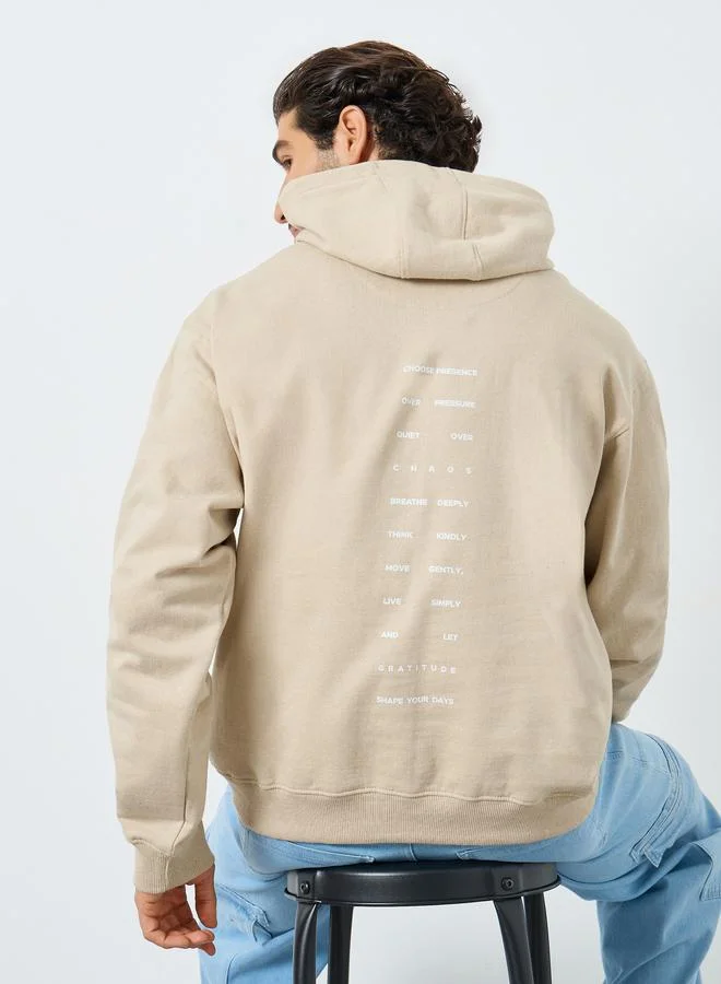 Men Beige Relaxed Fit Slogan Hoodie