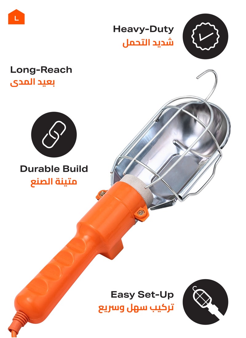 LAWAZIM Work Light -10m Orange- Heavy-Duty Work Light with UK Plug, Heat-Resistant Handle, Hanging Hook, Reflector, and Grille Protection - for Construction Sites, Garage, Warehouse, and Household Use  - Image 3