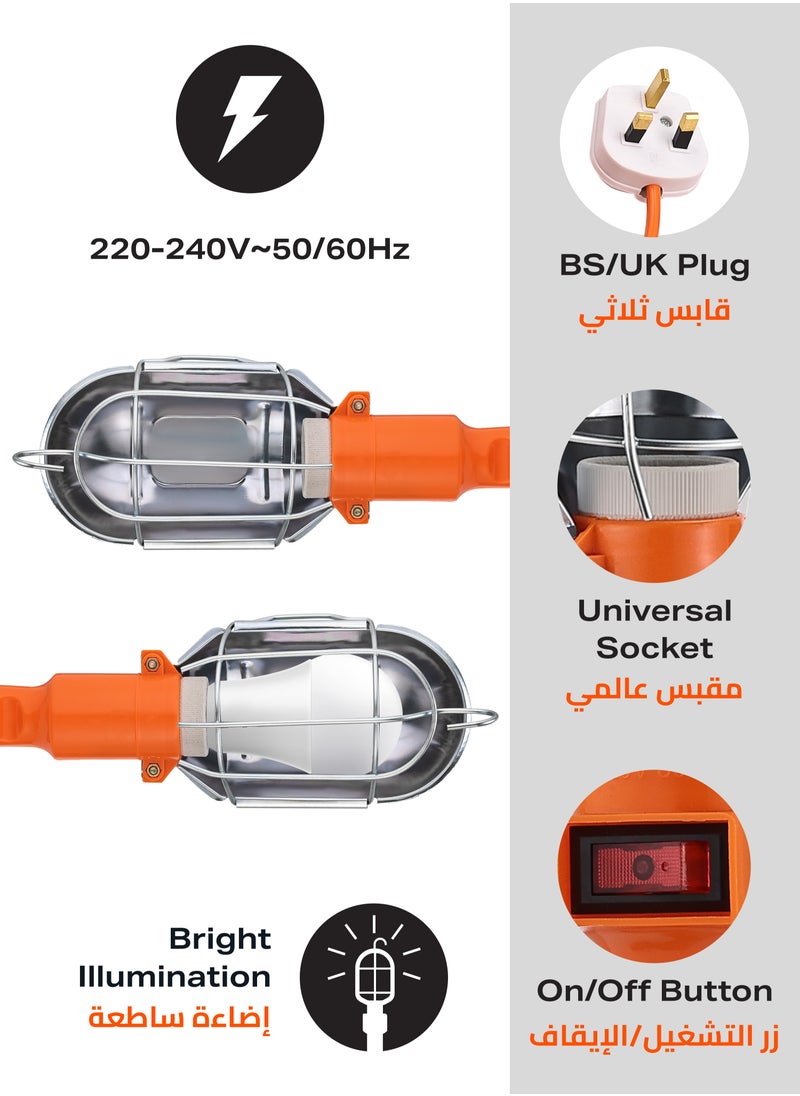 LAWAZIM Work Light -10m Orange- Heavy-Duty Work Light with UK Plug, Heat-Resistant Handle, Hanging Hook, Reflector, and Grille Protection - for Construction Sites, Garage, Warehouse, and Household Use  - Image 5