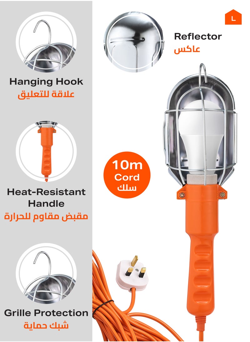 LAWAZIM Work Light -10m Orange- Heavy-Duty Work Light with UK Plug, Heat-Resistant Handle, Hanging Hook, Reflector, and Grille Protection - for Construction Sites, Garage, Warehouse, and Household Use  - Image 2