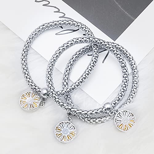 SILANER Crystal Charms Multilayer Bracelets - 3PCS Gold/Silver/Rose Gold Corn Chain Bracelet for Women, Tree of Life Heart Shaped Stretch Bracelet (Silver Daisy Charm) - Image 4