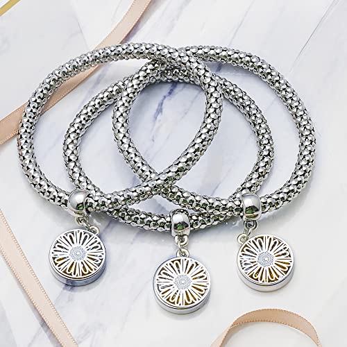 SILANER Crystal Charms Multilayer Bracelets - 3PCS Gold/Silver/Rose Gold Corn Chain Bracelet for Women, Tree of Life Heart Shaped Stretch Bracelet (Silver Daisy Charm) - Image 3
